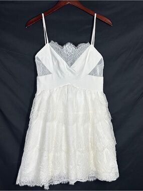 BCBG Josanna Gardenia lace mini dress tiered open-lace white medium Fairy Boho